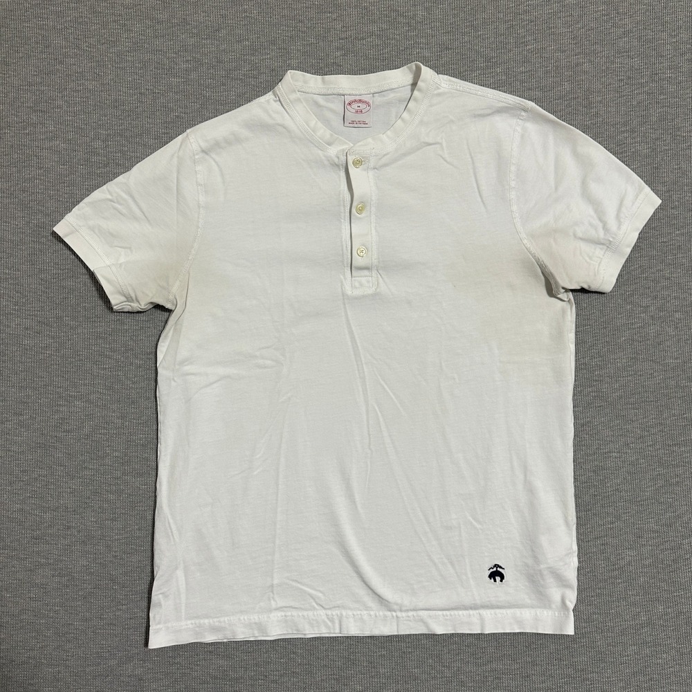 Brooks Brothers White Cotton Short Sleeve Henley Shirt Logo Mens Size Medium